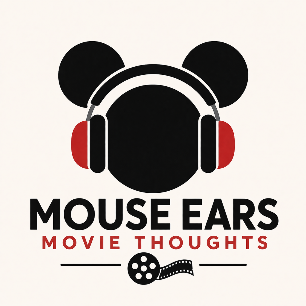 Mickey mouse head wearing red and black podcast headphones with the title "Mouse Ears Movie Thoughts" below.
