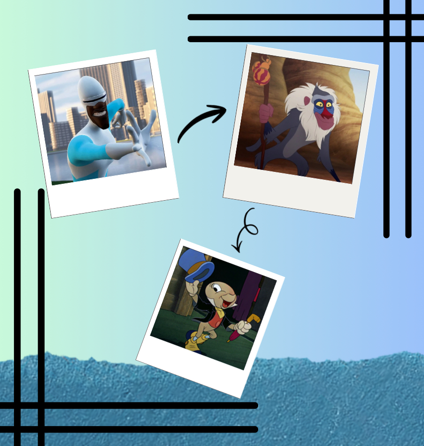 The Real Main Characters in Disney Movies. Frozone from The Incredibles, Rafiki from The Lion King, Jiminy Cricket from Pinocchio.